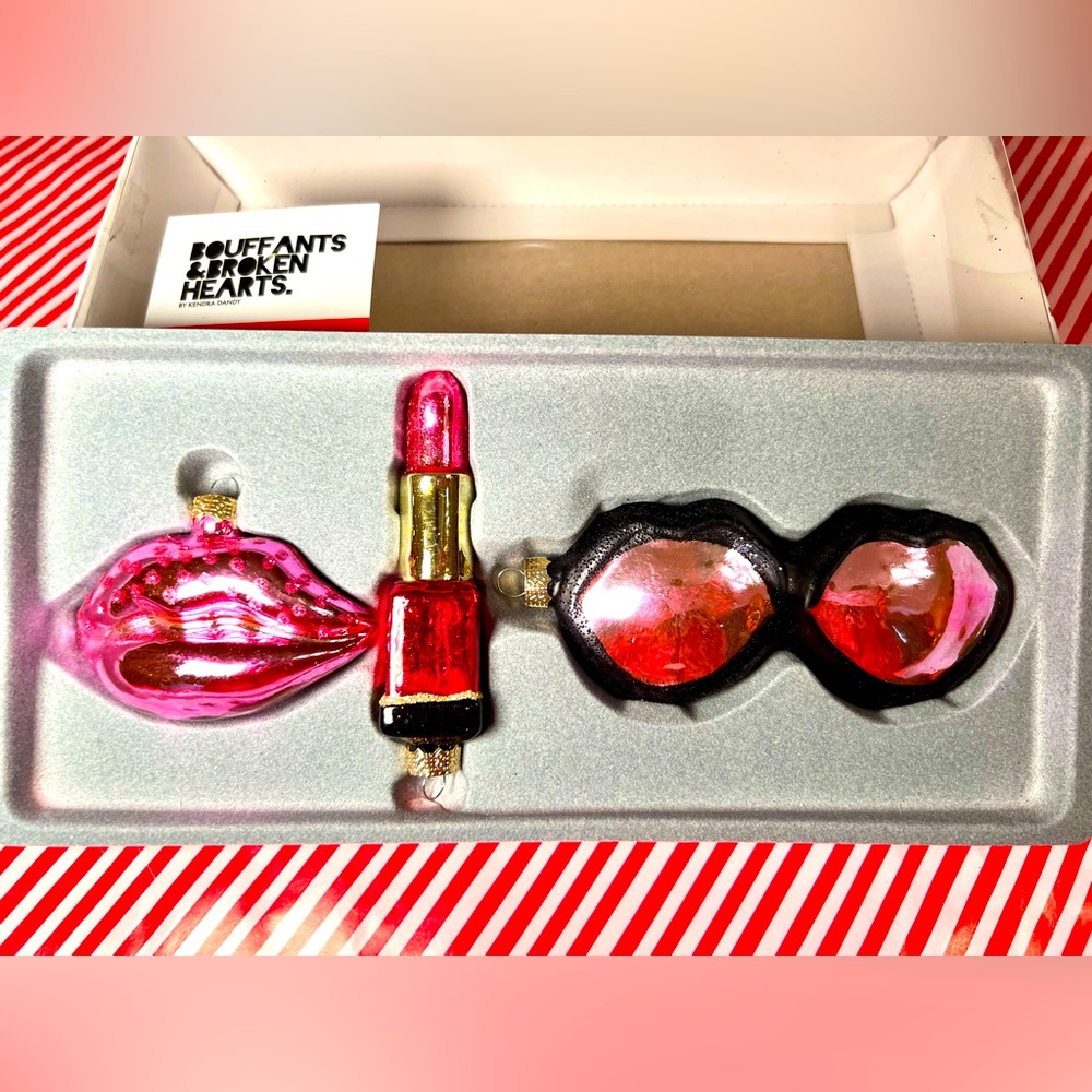 Set of 3 Glamour Christmas Glass Ornaments Pink Lips Red Lipstick Sunglasses